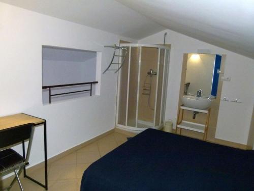 - une chambre avec un lit, un lavabo et une douche dans l'établissement T3 Duplex tout confort - piscine - proche plage - 6 personnes, à Palasca