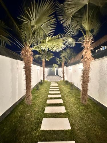 a pathway lined with palm trees in a building at Qafqaz Retro Bungalow HOT POOL in Gabala