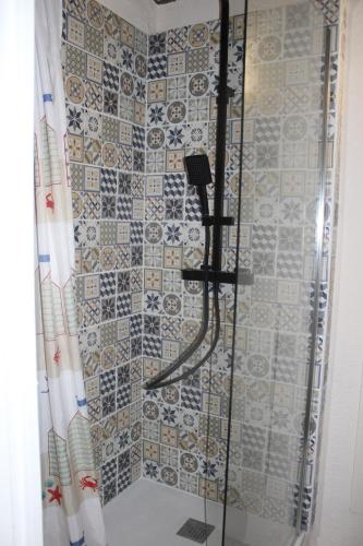 a shower with a shower head in a bathroom at Gîte de Merlin l 'enchanteur in Lieuron
