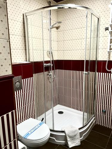 a bathroom with a shower and a toilet at Міні-готель Тремпель in Kharkiv