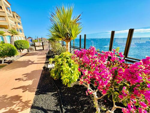einen Garten mit rosa Blumen und Meerblick in der Unterkunft El Nautico Apartment in San Miguel de Abona