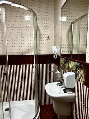 a bathroom with a shower and a sink and a mirror at Міні-готель Тремпель in Kharkiv