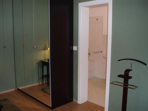 Łazienka z przeszklonymi drzwiami i lustrem w obiekcie Apartmány Kamenky w Cieplicach