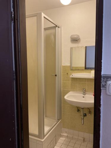 a bathroom with a shower and a sink at Pension&Hostel Anna - Monteurzimmer -------- 10 minutes walk to Oktoberfest in Munich