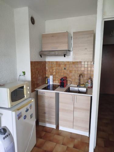 une petite cuisine avec un évier et un micro-ondes dans l'établissement Appartement vue mer, à Bandol