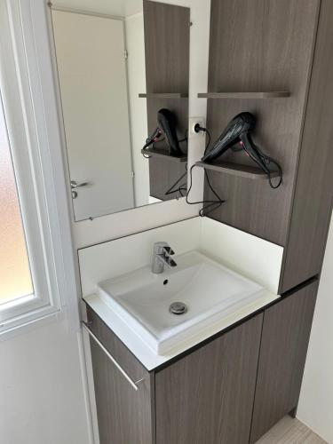 a bathroom with a sink and a mirror at Mobile home sirène luxe Camping le Bosc 4 étoiles 3 chambres in Saint-Cyprien