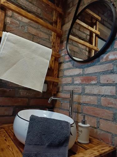 a bathroom with a sink and a mirror at Mazurkowo domek Gaj-Grzmięca in Zbiczno