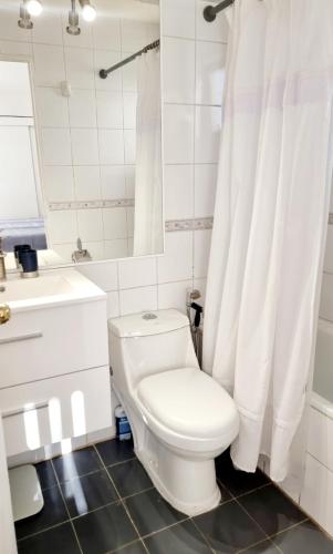 a bathroom with a toilet and a sink and a mirror at A pasos de Reñaca, Gran Vista in Viña del Mar