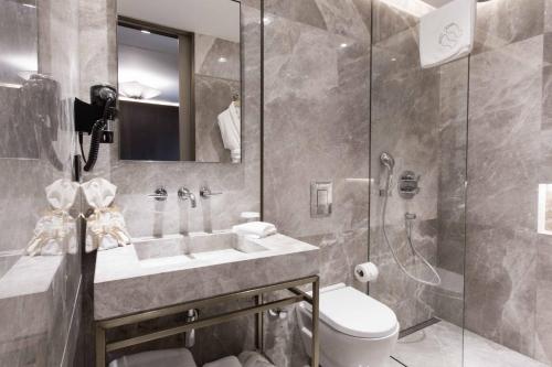 een badkamer met een toilet, een wastafel en een douche bij Noble22 Suites-Special Category in Istanbul