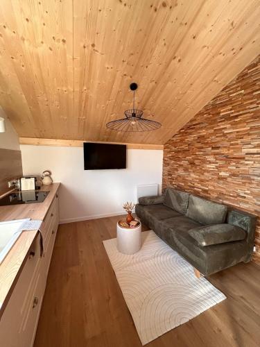 a living room with a couch and a brick wall at Le Mélèze, chaleureux appartement 4pers près de Genève & Annecy in Saint-Germain-sur-Rhône
