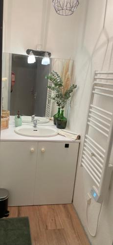 a white bathroom with a sink and a mirror at Au cœur de la Vallée Bleue in Montalieu-Vercieu