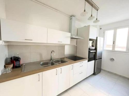 La cuisine blanche est équipée d'un évier et d'un réfrigérateur. dans l'établissement Suites Lyon, à Lyon