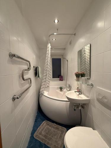a white bathroom with a sink and a toilet at Balvi center apartment in Balvi