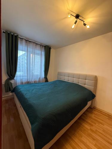 バルビにあるBalvi center apartmentのベッドと天井扇風機のある寝室