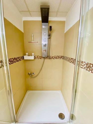 a shower with a glass door in a bathroom at Ferienwohnung Annika in Apolda