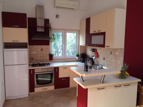 una cocina con armarios rojos y blancos y fregadero en Apartments Hrboka en Žman