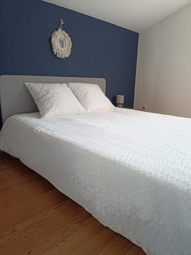 une chambre avec un lit blanc avec un mur bleu dans l'établissement Le Grand Verdun - Charme et Lumière - 3 chambres 8 personnes, à Pau