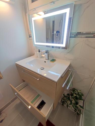 a bathroom with a sink and a mirror at Appartement vue sur mer & le port de Courseulles-sur-Mer in Courseulles-sur-Mer