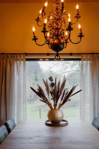 a dining room table with a chandelier in front of a window at CRASH'NSTAY - Wachtpost 20 in Waspik