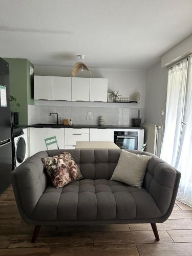 - un salon avec un canapé en face d'une cuisine dans l'établissement Joli T1 bis 15 min à pied du lac, au Bourget-du-Lac