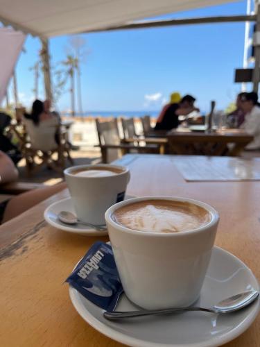two cups of coffee sitting on a table at Tonea's Houses in Himare