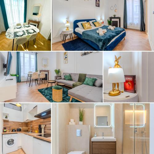 un collage de photos d'une chambre et d'un salon dans l'établissement L'Échappée de Paris I Stade de France I Couple I Famille I Business, à Saint-Denis