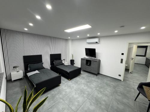 a bedroom with two beds and a flat screen tv at Modern Apartments Gelsenkirchen, nahe Schalke Arena, Zentral zur Autobahn A42 und A2, Ferienwohnung, Monteurwohnung in Gelsenkirchen