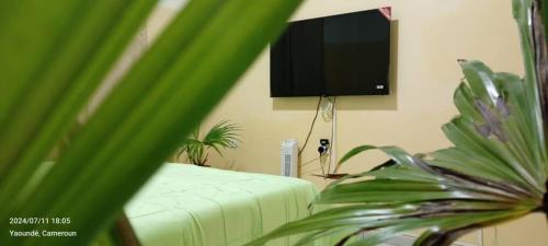 a living room with a couch and a flat screen tv at AFRIEUROTEXT Kamerun-High Standing-Appartements-Wifi-Security-Restaurant-modern Kitchen in Yaoundé