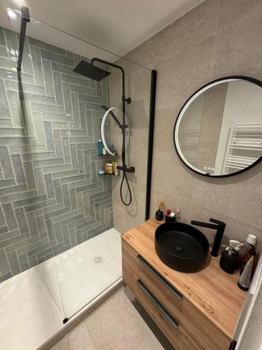 une salle de bain avec un lavabo et une douche avec un miroir dans l'établissement MontBlancViewApartment, à Chamonix-Mont-Blanc