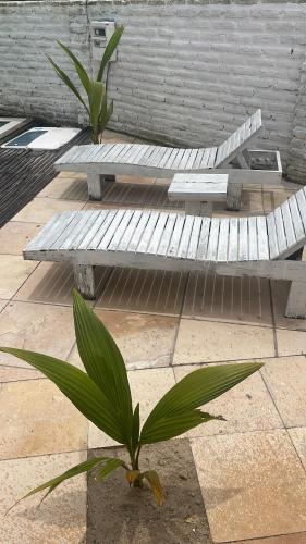 two wooden benches sitting next to a brick wall at Casa Free Wind Jeri in Jericoacoara