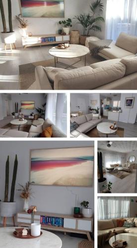 un collage de cuatro fotos de una sala de estar en Lovley sunlit apartment walking distance to Cronulla mall and Cronulla Beach, en Cronulla