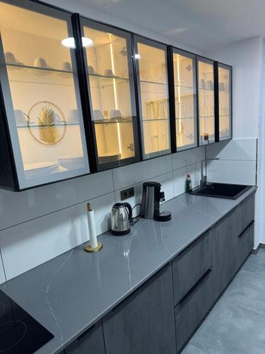 a kitchen with a counter top and some windows at Modern Apartments Gelsenkirchen, nahe Schalke Arena, Zentral zur Autobahn A42 und A2, Ferienwohnung, Monteurwohnung in Gelsenkirchen
