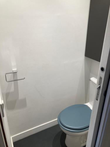 a bathroom with a toilet with a blue seat at Studio centre proche marché et RER avec wifi in Saint-Germain-en-Laye