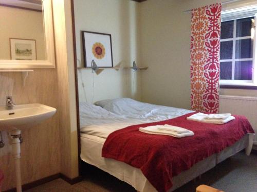a bedroom with a bed and a sink and a mirror at STF Långasjö Vandrarhem in Långasjö