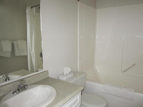 a bathroom with a sink and a toilet and a shower at Kacee's Northern Suites in Fort Nelson