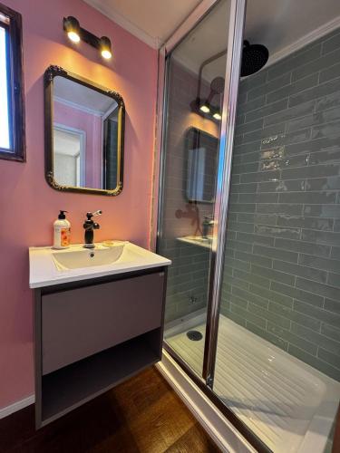 a bathroom with a sink and a shower at Hermosa casa en Barrio Pocuro con estacionamiento gratuito in Santiago