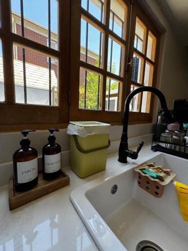 a kitchen sink with two bottles on a counter at Hermosa casa en Barrio Pocuro con estacionamiento gratuito in Santiago