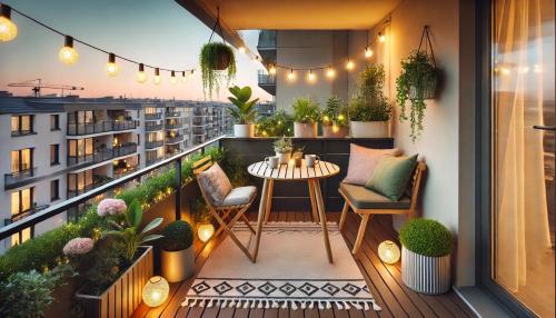 d'un balcon avec une table, des chaises et des plantes. dans l'établissement Charmant T2 a Colomiers, à Colomiers