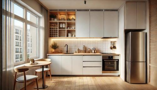 - une cuisine avec des placards blancs, une table et un réfrigérateur dans l'établissement Charmant T2 a Colomiers, à Colomiers