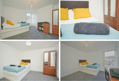 four pictures of a bedroom with a bed and a mirror at Affordable 3 bed house Stoke-on-Trent for families and contractors in Stoke on Trent