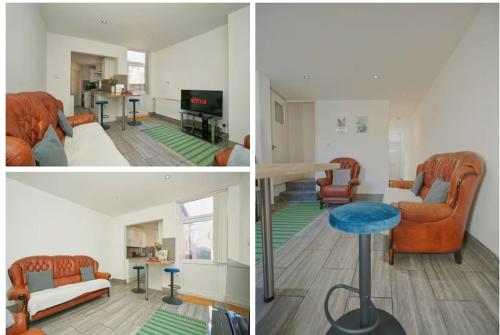 three different views of a living room with orange furniture at Affordable 3 bed house Stoke-on-Trent for families and contractors in Stoke on Trent