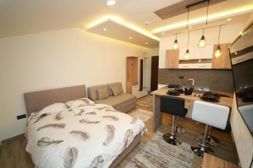 a bedroom with a bed and a desk and a kitchen at Residence Hill - Planinski Kutak in Kopaonik