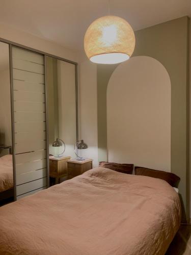 - une chambre avec un lit et un grand éclairage dans l'établissement Spacious and central apartment, à Reims