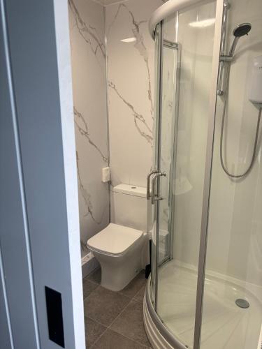 a bathroom with a toilet and a glass shower at Lomond Hills Hotel & Health Club in Freuchie