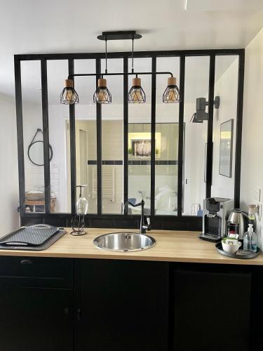 a kitchen counter with a sink and a large mirror at La Clé des Champs - Studio PiscineSPA-Sauna au jardin tropical idyllique et bucolique in Jouarre