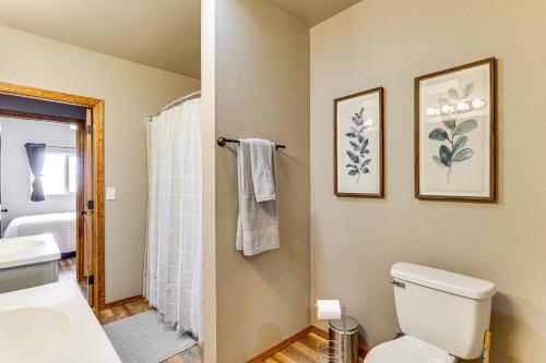 a bathroom with a toilet and a sink and a shower at 3 Mi to Trails Secluded Eagar Cabin with Mtn Views! in Springerville