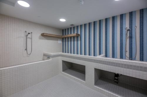 a bathroom with a walk in shower and a sink at Beach Lake Resort in Kelowna