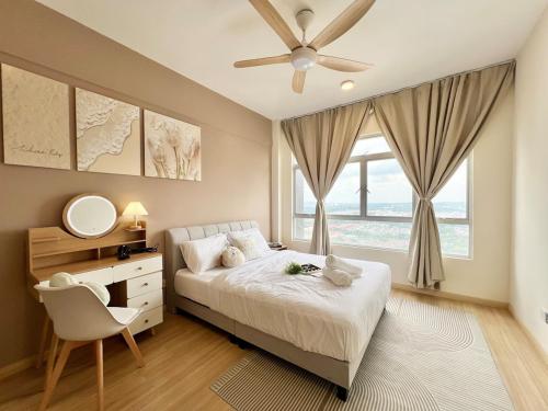 a bedroom with a bed and a dresser and a window at Perling Muji 3 Bedrooms Suites 6 pax Paradigm Mall in Johor Bahru