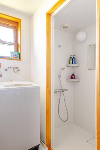 a bathroom with a shower and a sink at Togari Cottage 2LDK Vacation Home - Pets OK in Iiyama