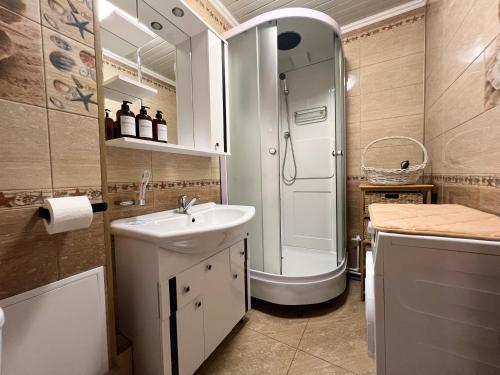 a small bathroom with a sink and a shower at Апартаменты стандарт in Pavlodar
